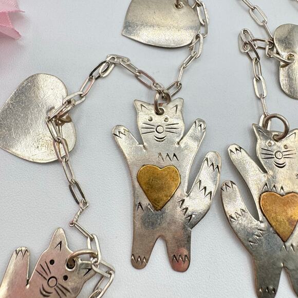 Vintage Silver Tone Cats Hearts Charm Necklace Brass Hearts Lightweight Artisan - Picture 6 of 15
